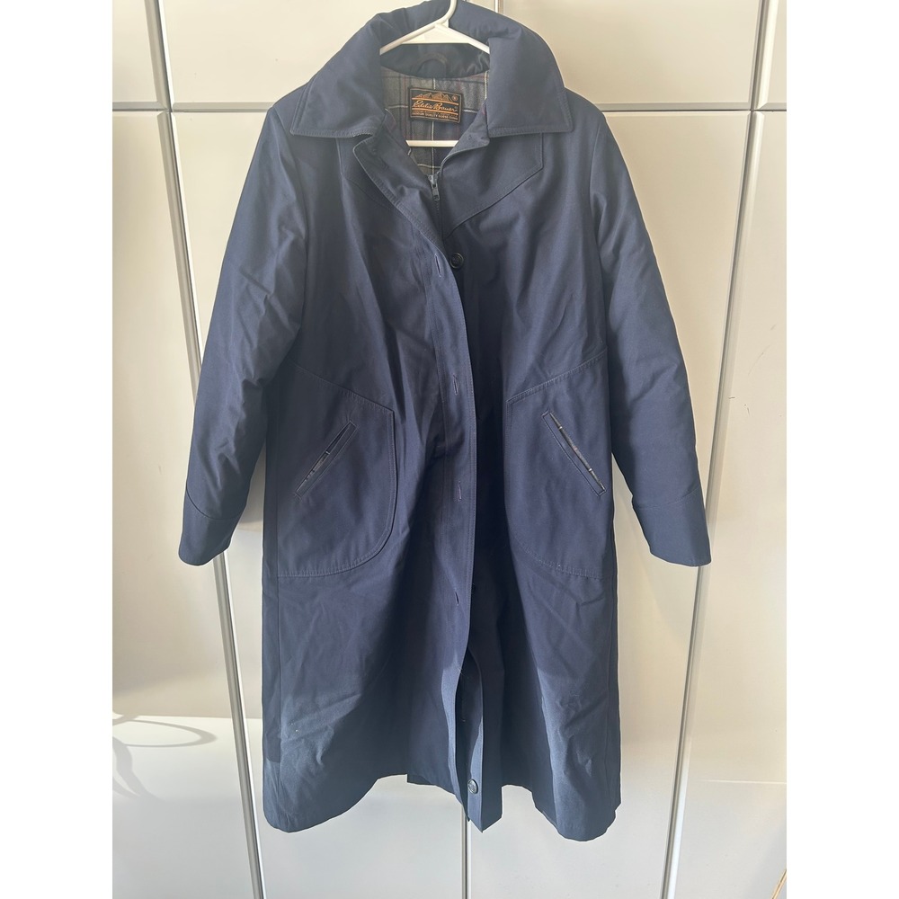 Vintage Eddie Bauer Goose Down Long Trench Coat Navy Blue Plaid‎ Lined Parka L